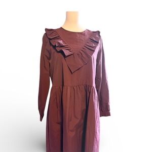 SARAH COLLECTION Burgundy Ruffle Neck Long Sleeve Midi Dress Women Siza Large